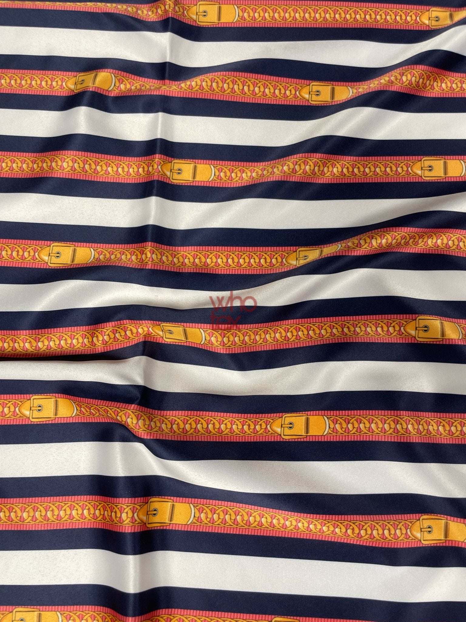 Striped fabric with navy and white stripes featuring a yellow belt and chain nautical print