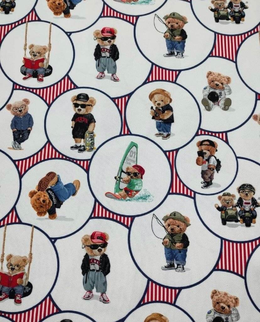Teddy Bear Pattern Upholstery Fabric with playful teddy bears in circles, digital print, suitable for outdoor curtains, pillows, and bags