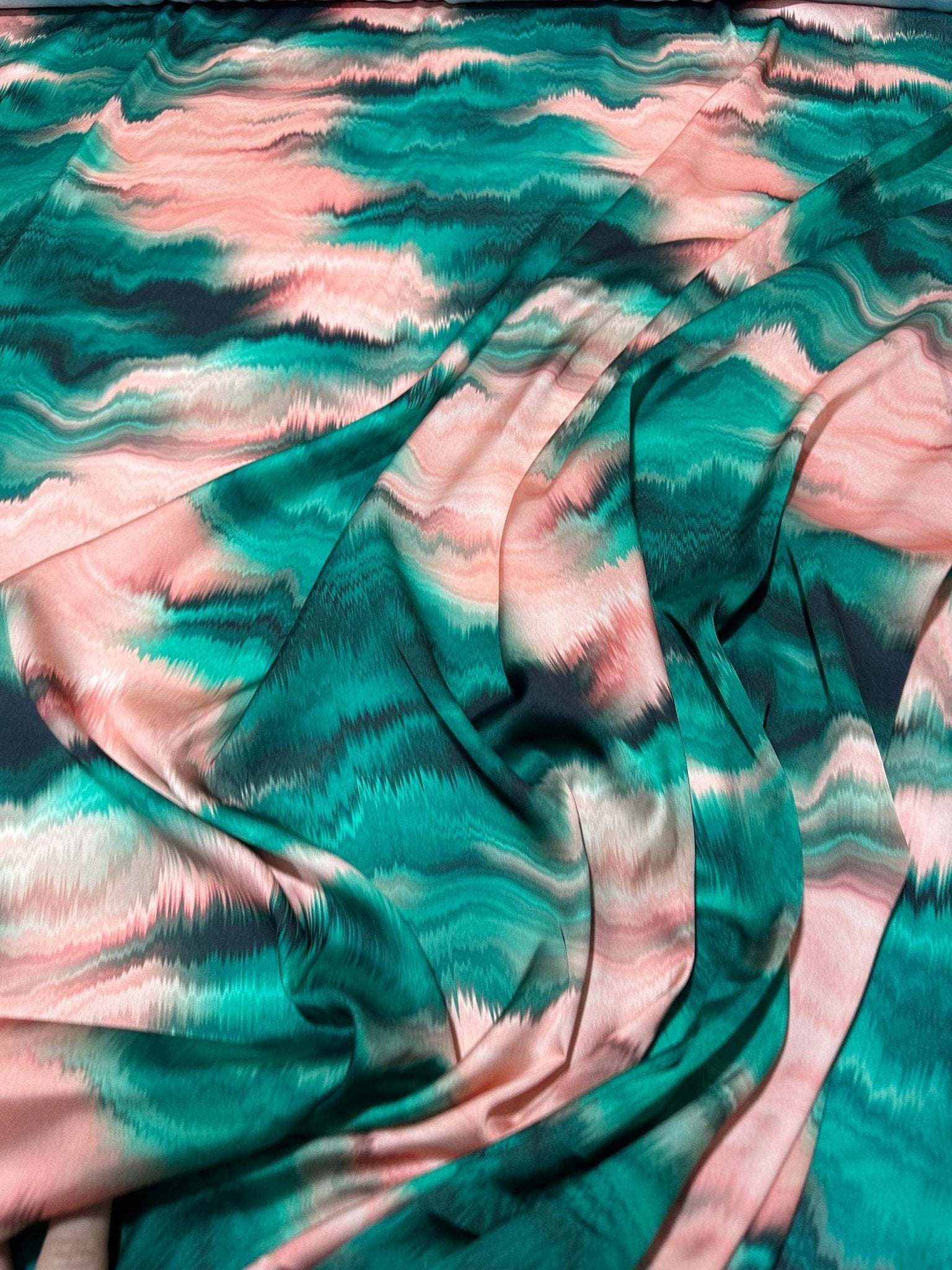 Green and pink tie dye fabric with wavy pattern and soft texture, 150cm wide