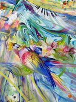 Colorful bird and piano print fabric with vibrant flowers and abstract watercolor design