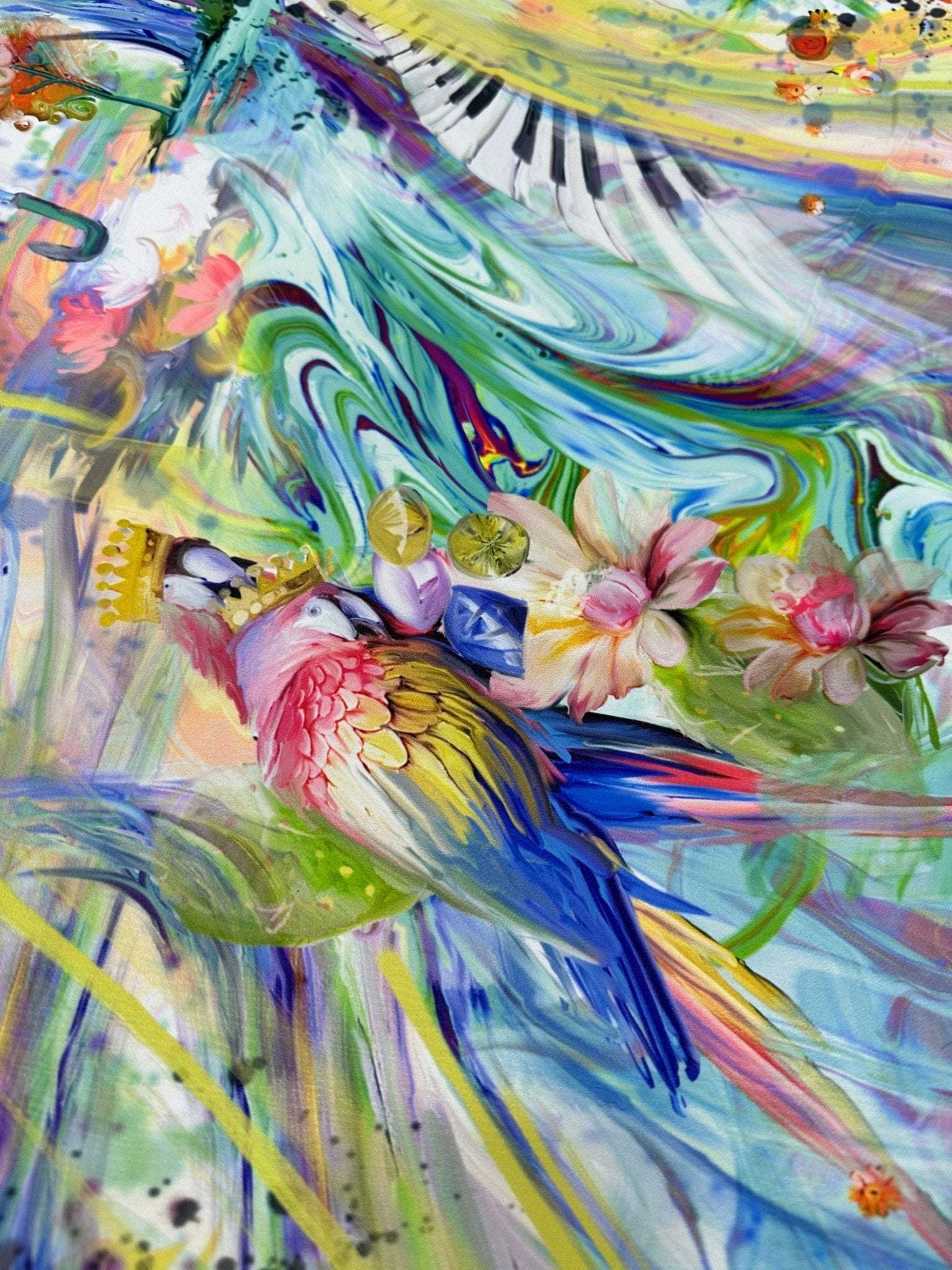 Colorful bird and piano print fabric with vibrant flowers and abstract watercolor design