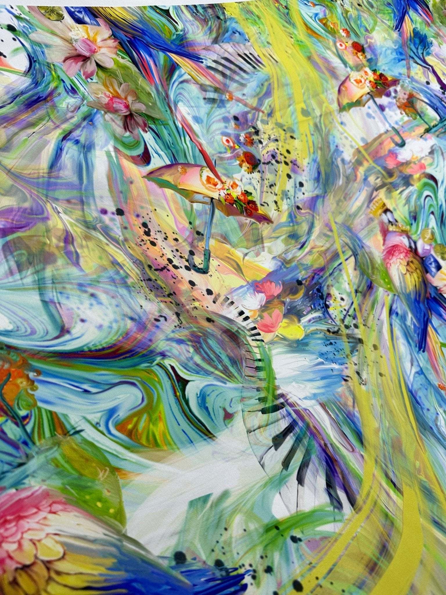 Colorful Bird and Piano Print Fabric with vibrant birds, piano keys, and floral patterns in bright swirling colors