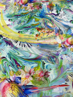 Colorful bird and piano print fabric with vibrant swirling patterns and floral accents