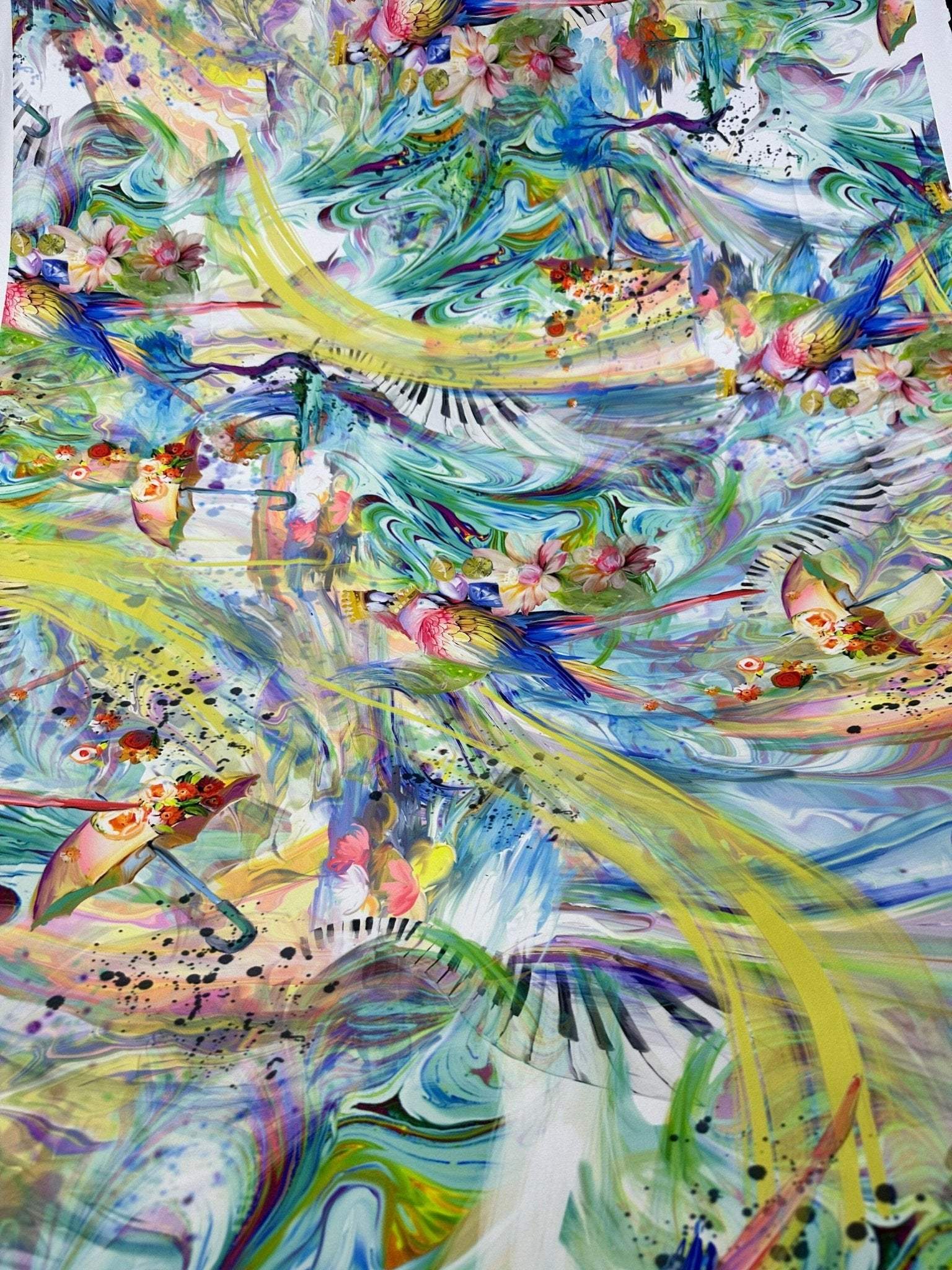Colorful fabric featuring vibrant bird and piano print with swirling abstract background