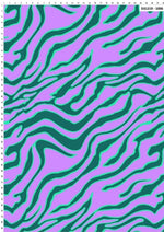 Exotic tiger pattern fabric in vibrant green and purple with bold animal print design, 150cm width