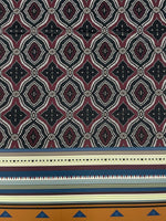 Burgundy and black geometric tribal fabric with ethnic striped border design