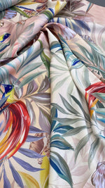 Colorful tropical bird and leaf print fabric with soft texture and 150cm width