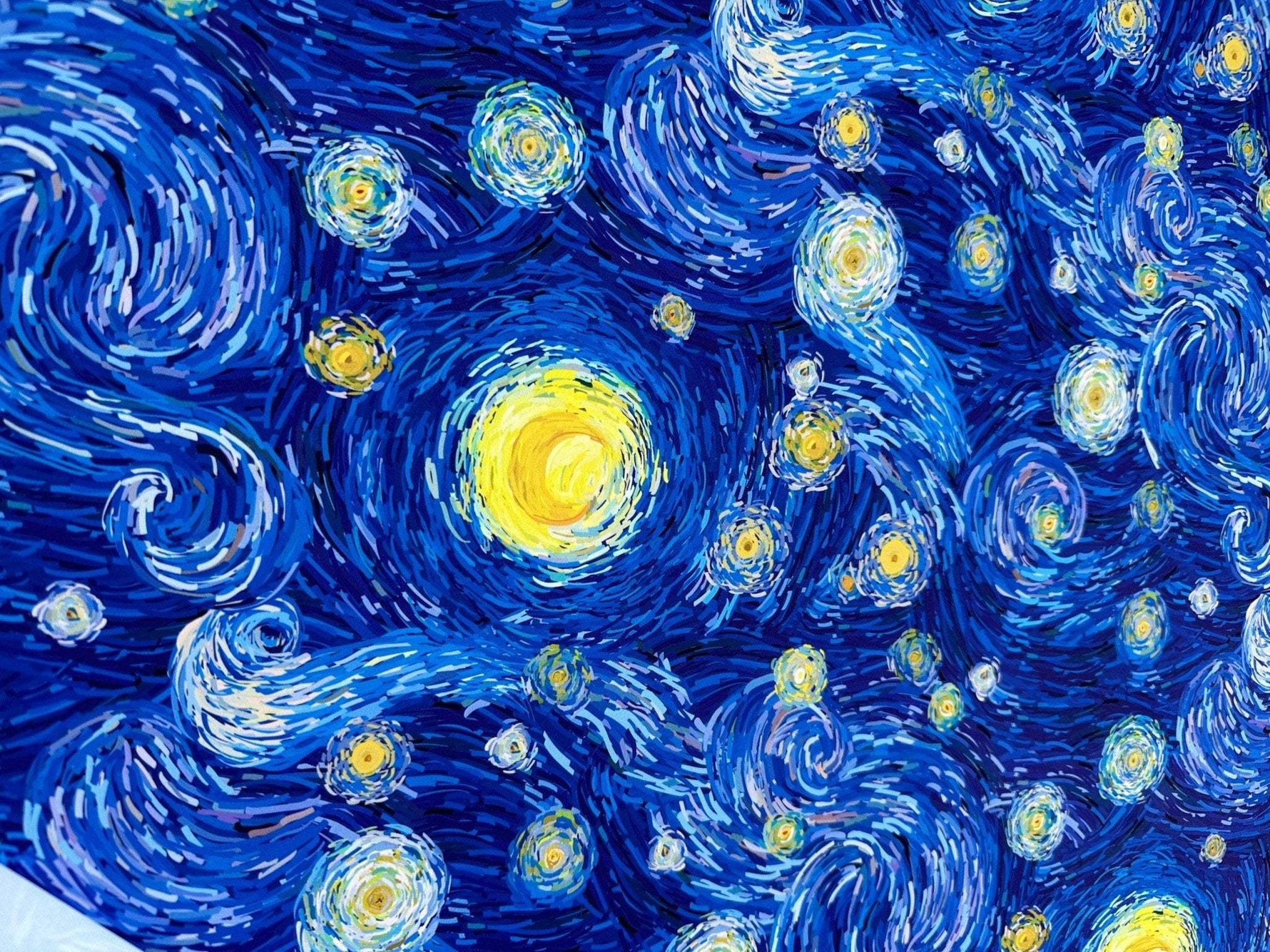 Van Gogh inspired fabric featuring swirling blue and yellow starry night design for sewing and quilting projects