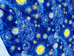 Van Gogh inspired fabric featuring vibrant swirling blue and yellow starry night design, ideal for sewing and quilting.