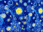 Van Gogh inspired fabric featuring vibrant blue and yellow swirling starry night design for crafting and sewing projects
