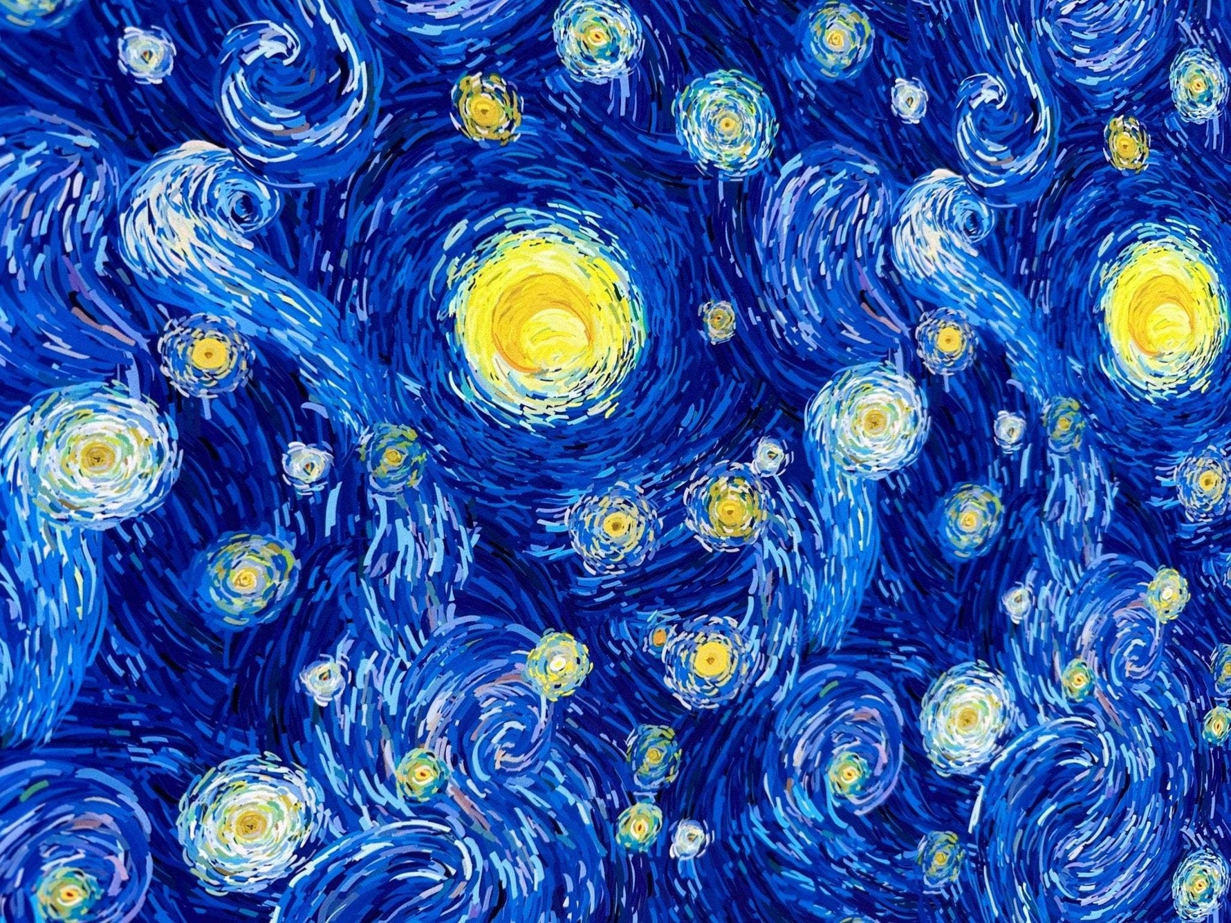 Van Gogh inspired fabric featuring vibrant blue and yellow swirling starry night design for crafting and sewing projects