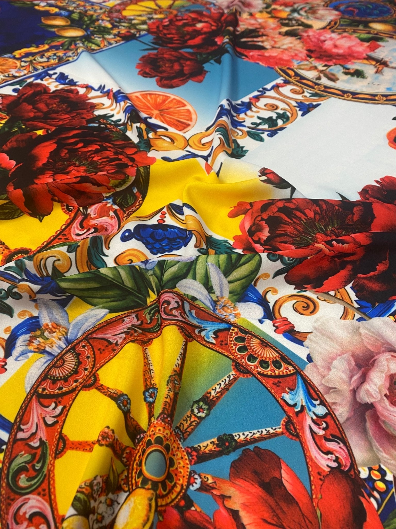 Vibrant Floral & Tile Print Crepe Fabric by the Metre - Whotex Fabrics London