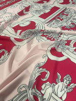 Pink vintage baroque fabric with intricate cherub pattern and ornate detailing