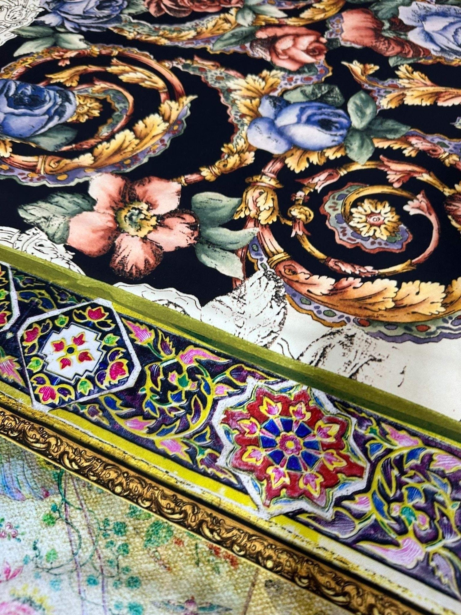 Close-up of vintage Baroque floral fabric with intricate gold scrolls and multicolored flowers on dark background