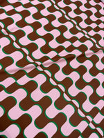 Vintage fabric with pink brown wave pattern in retro 60s 70s style, 150cm wide
