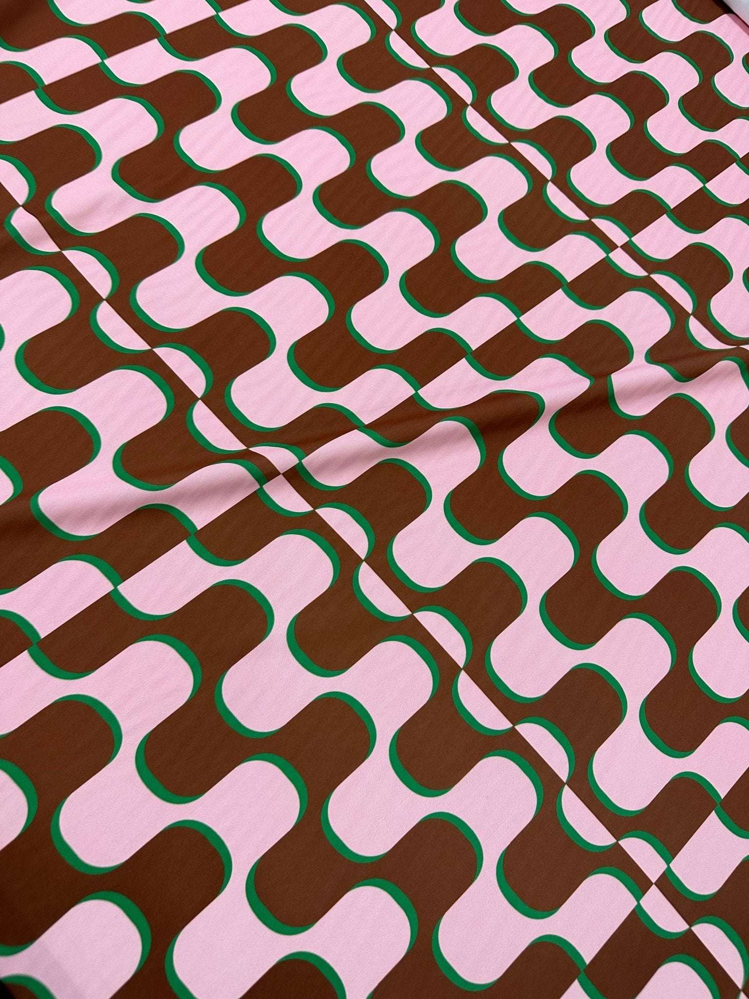 Vintage fabric with pink brown wave pattern in retro 60s 70s style, 150cm wide