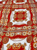Vintage Baroque pattern fabric with gold and red ornate upholstery textile design
