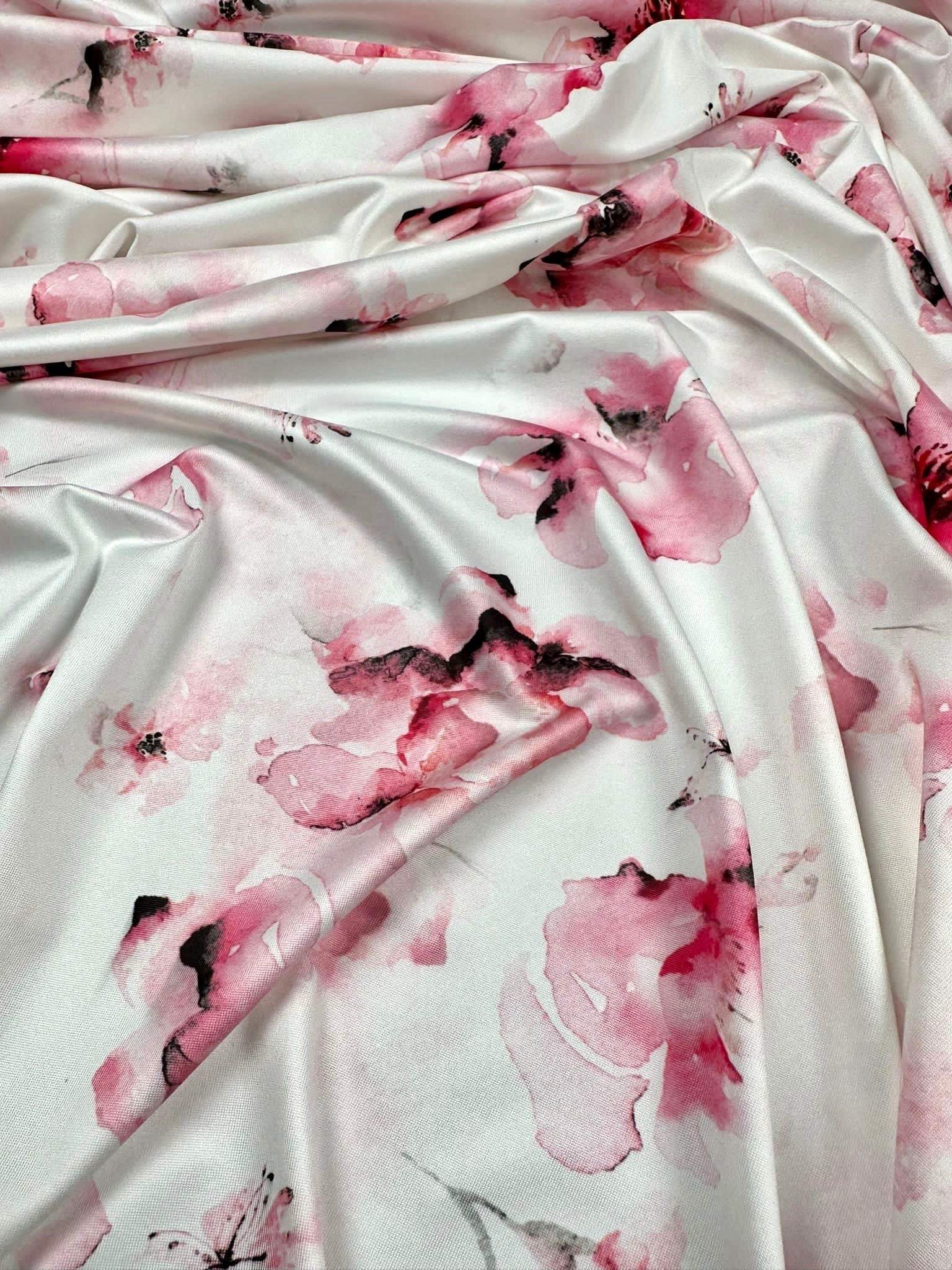 White fabric with pink and black watercolor floral pattern, 150cm wide sewing fabric