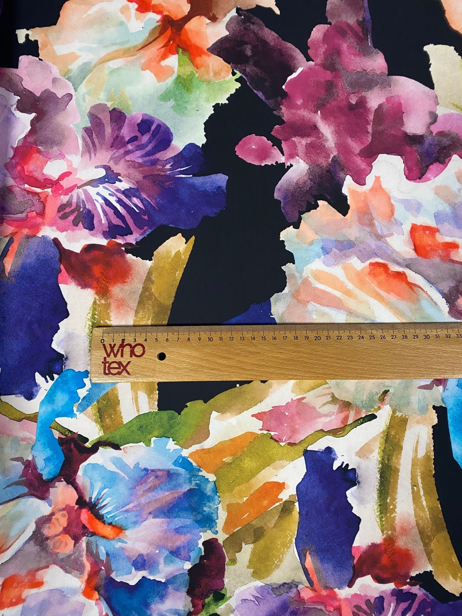 Watercolour Floral Crepe Fabric by the Metre – Black with Colourful Flowers - Whotex Online Fabric Store