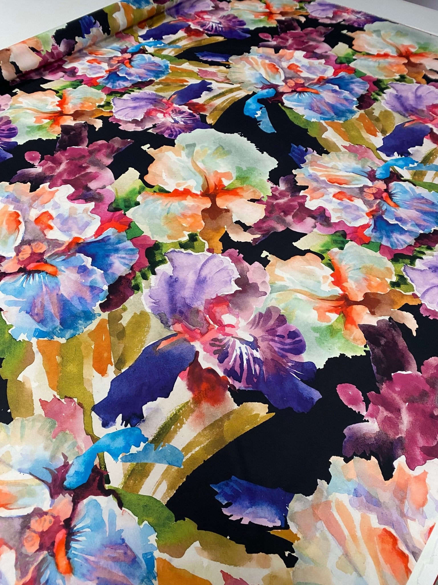 Watercolour Floral Crepe Fabric by the Metre – Black with Colourful Flowers - Whotex Online Fabric Store