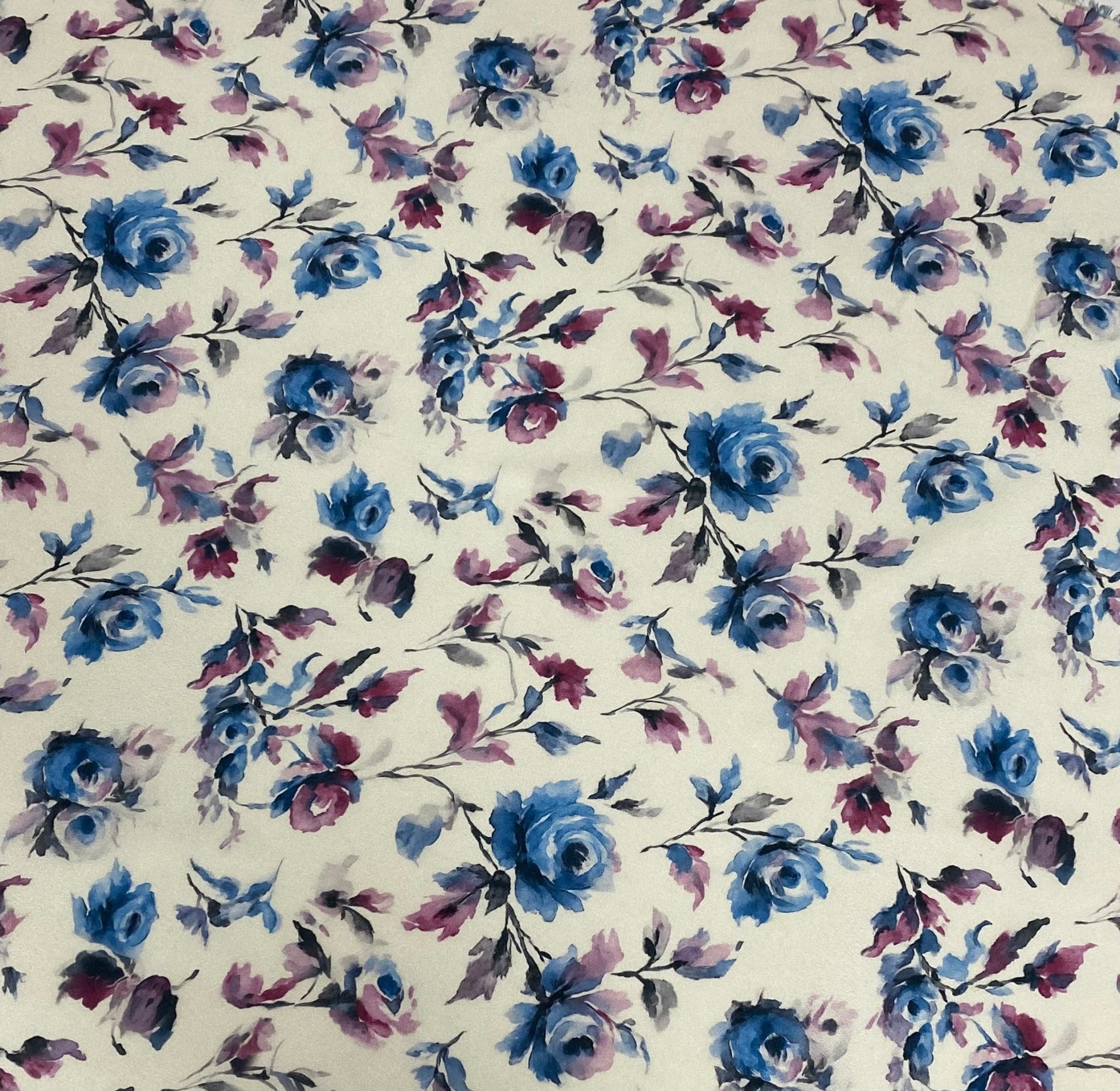 Watercolour Floral Fabric – Blue & Purple Roses - Whotex Fabrics London