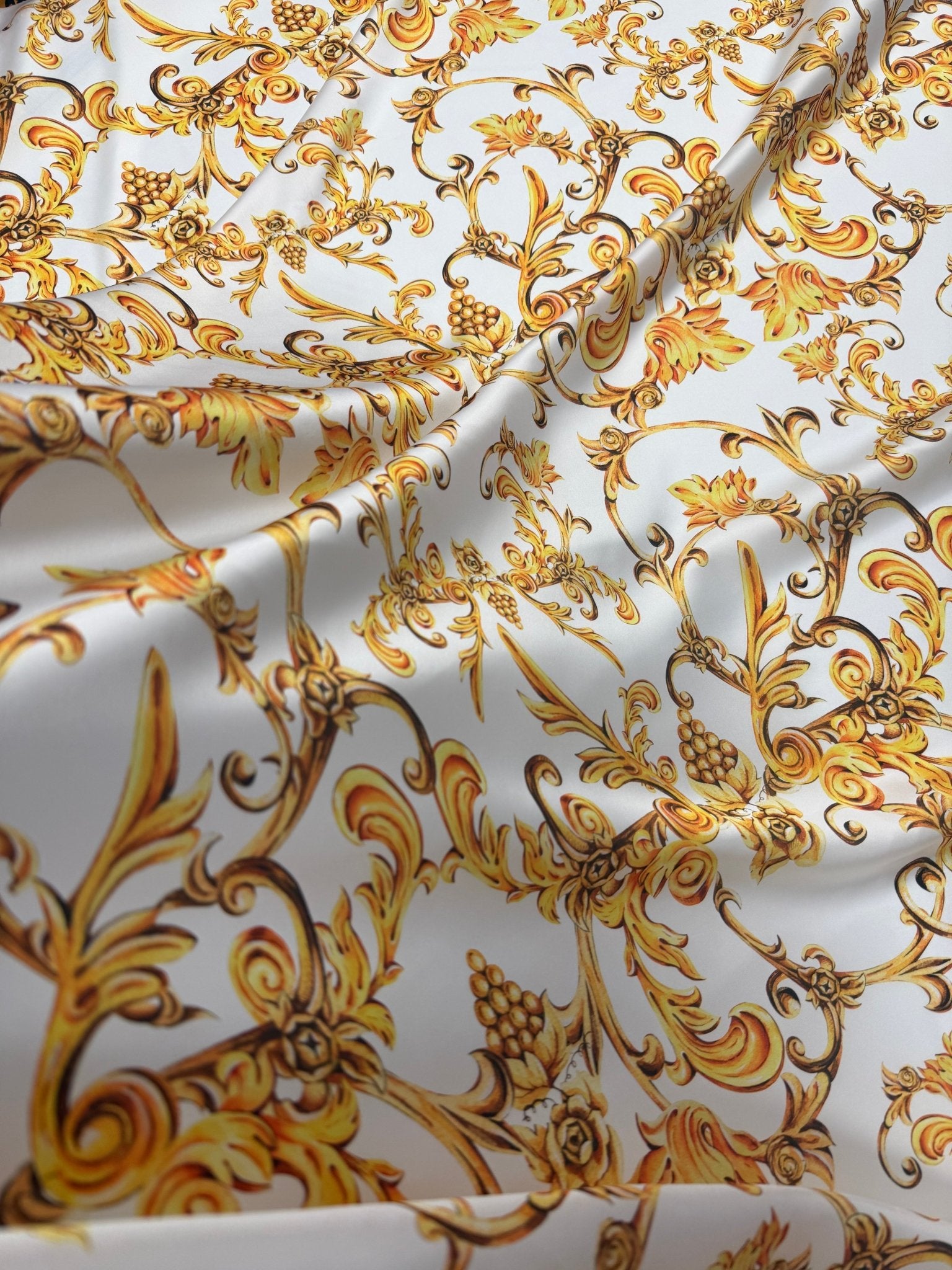 White and Gold Baroque Print Fabric – Available in Satin, Crepe, Spandex & Chiffon | By Metre - Whotex Fabrics London