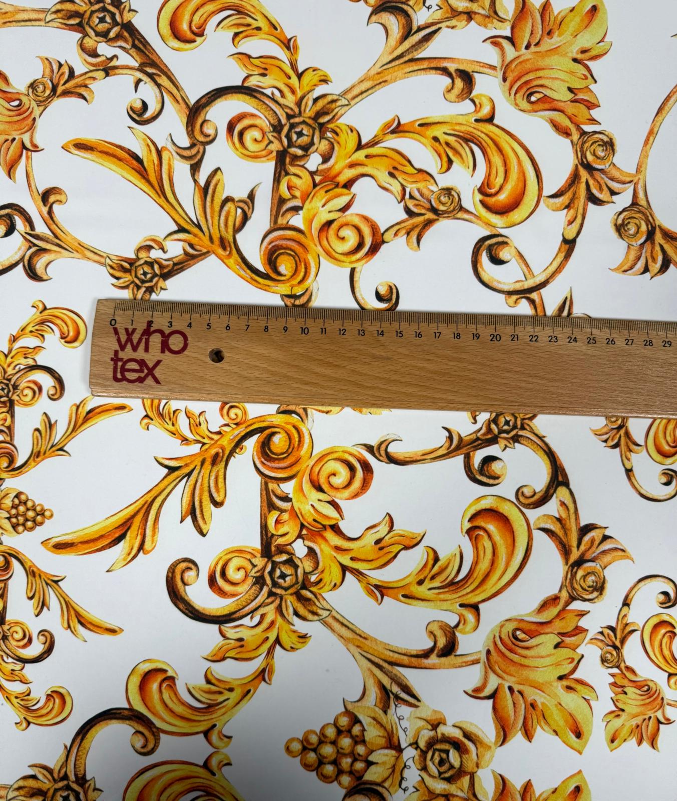 White and Gold Baroque Print Fabric – Available in Satin, Crepe, Spandex & Chiffon | By Metre - Whotex Fabrics London