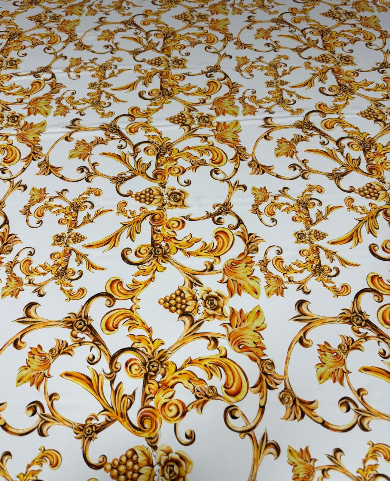 White and Gold Baroque Print Fabric – Available in Satin, Crepe, Spandex & Chiffon | By Metre - Whotex Fabrics London