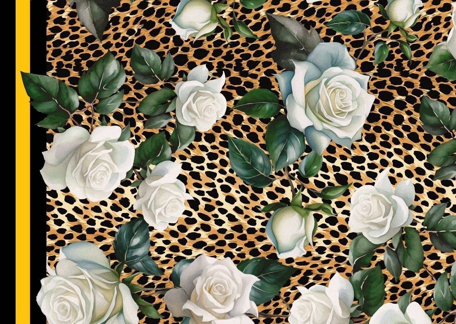 Floral and Cheetah Pattern Fabric with white roses and green leaves on a leopard print background