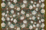 Floral and cheetah pattern fabric with white roses and green leaves on a cheetah print background, 150cm wide, soft and durable material for sewing projects.