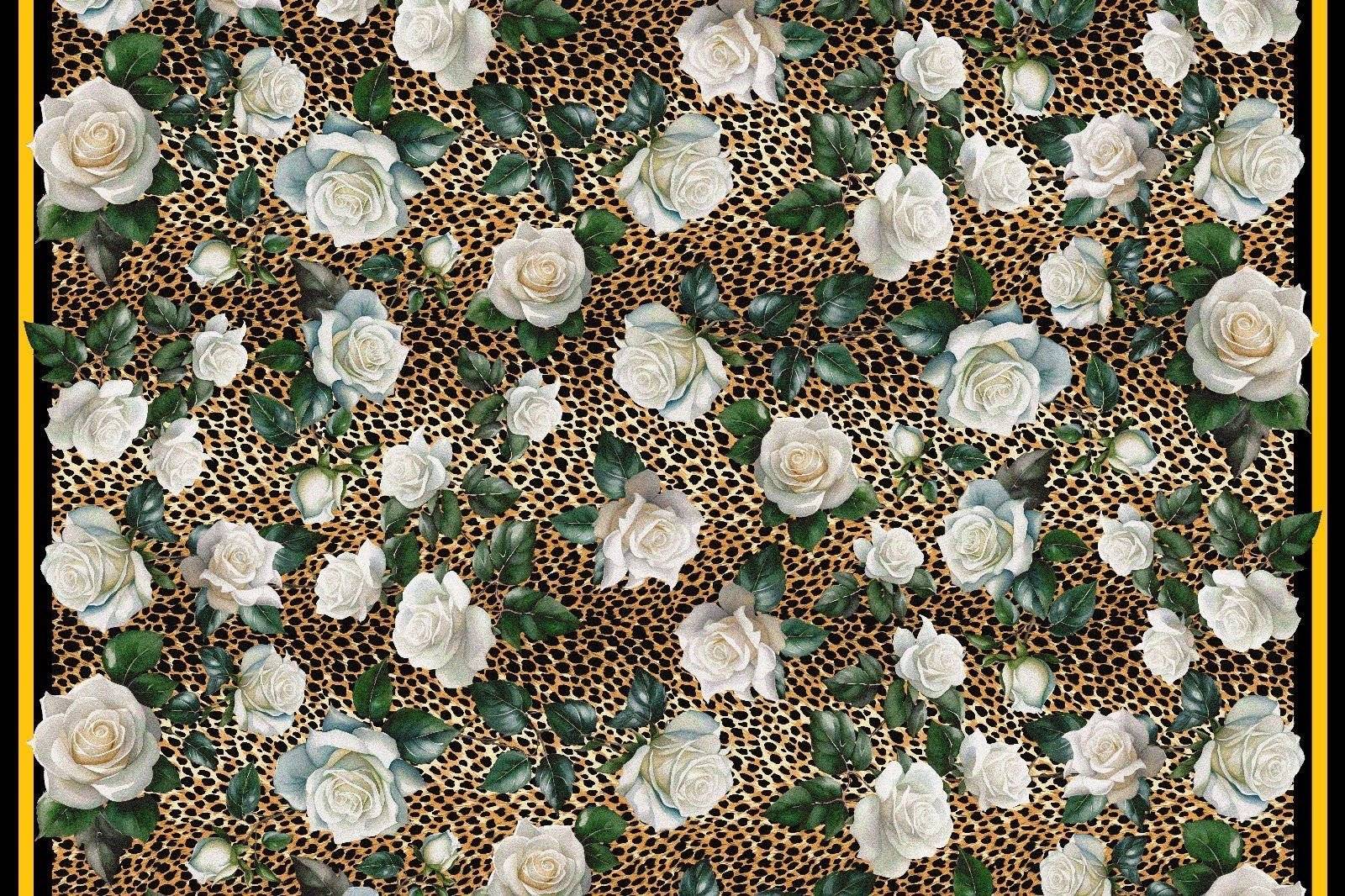 Floral and cheetah pattern fabric with white roses and green leaves on a cheetah print background, 150cm wide, soft and durable material for sewing projects.
