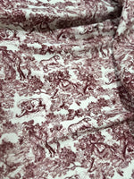 Brown wild forest pattern fabric with white animal illustrations and tree designs, 150cm wide textile for sewing projects and home decor.