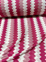 Pink and white luxury zigzag knit jersey fabric with chevron pattern, 150 cm wide, ideal for fashion garments
