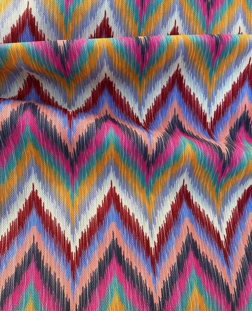 Zigzag Chevron Upholstery Fabric with vibrant multicolor zigzag chevron pattern for home decor and upholstery projects